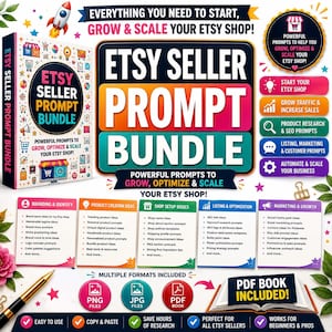 May include: A digital product bundle for Etsy sellers featuring a book cover, a large title graphic, and five colorful category cards. The text includes Etsy Seller Prompt Bundle, Powerful Prompts to Grow, Optimize & Scale Your Etsy Shop, and PDF Book Included.