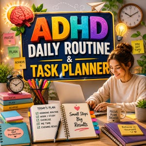 May include: A desk setup featuring a sign reading ADHD DAILY ROUTINE & TASK PLANNER, a spiral-bound planner with the text Small Steps Big Results, a mug labeled FOCUS PLAN SUCCEED, a laptop, a clock, and colorful sticky notes with motivational text.