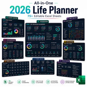 May include: A digital 2026 Life Planner with multiple dashboards for budgeting, tasks, habits, goals, meals, fitness, and yearly review. The planner includes 75+ editable Excel sheets, smart dashboards, and automated calculations. The design is dark with teal and white accents.