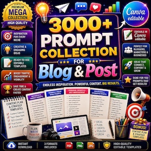 Może przedstawiać: Kolekcja zasobów marketingu cyfrowego zatytułowana 3000+ PROMPT COLLECTION FOR Blog & Post. Grafika przedstawia centralną ciemnoniebieską tablicę z żółtym tekstem, otoczoną ikonami, listami kategorii, laptopem, kubkiem i aparatem fotograficznym.