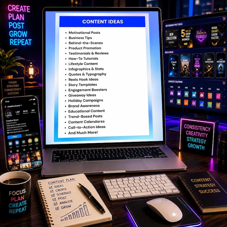 May include: A laptop screen displays a list of content ideas including motivational posts, business tips, and tutorials. A smartphone, a notebook with a checklist, a keyboard, a mouse, and a small sign with the text consistency creativity strategy growth are arranged on a desk.