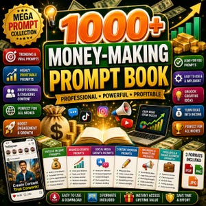 Könnte beinhalten: Ein digitales Produktcover mit dem Titel 1000+ Money-Making Prompt Book, das ein goldenes aufgeschlagenes Buch, einen Geldsack, Goldbarren und einen Laptop zeigt. Die Grafik enthält verschiedene bunte rechteckige Etiketten mit Text und Symbolen.