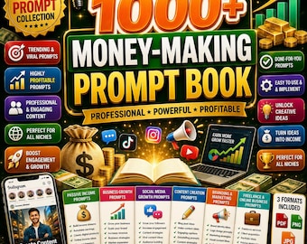 May include: A digital product cover titled 1000+ Money-Making Prompt Book featuring a gold-toned open book, a money bag, gold bars, and a laptop. The graphic includes various colorful rectangular labels with text and icons related to business growth.