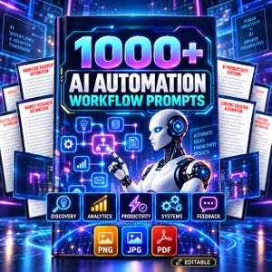 Puede incluir: Una portada de libro titulada 1000+ AI AUTOMATION WORKFLOW PROMPTS con una figura robótica blanca, un diagrama de red digital azul brillante e iconos para descubrimiento, análisis, productividad, sistemas y retroalimentación.