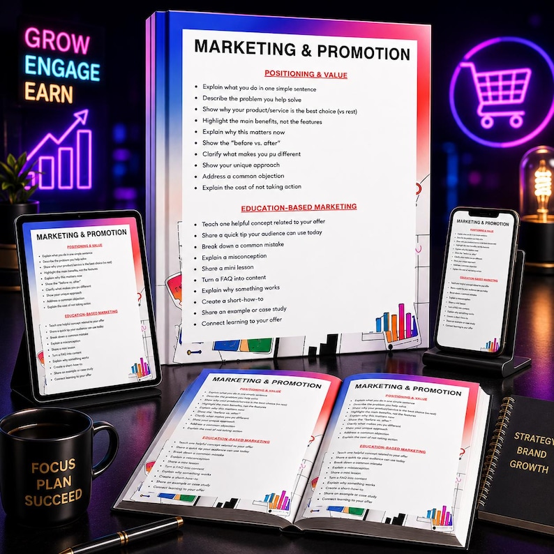 May include: A marketing and promotion guide displayed on a large vertical binder, an open book, a tablet, and a smartphone. The text outlines positioning, value, and education-based marketing strategies with bullet points on a white background.
