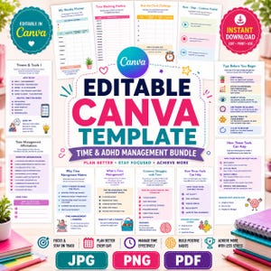 May include: A digital time and ADHD management bundle featuring multiple editable Canva templates. The layout includes sections for weekly planning, time blocking, habit tracking, and time management tips with colorful icons and text.