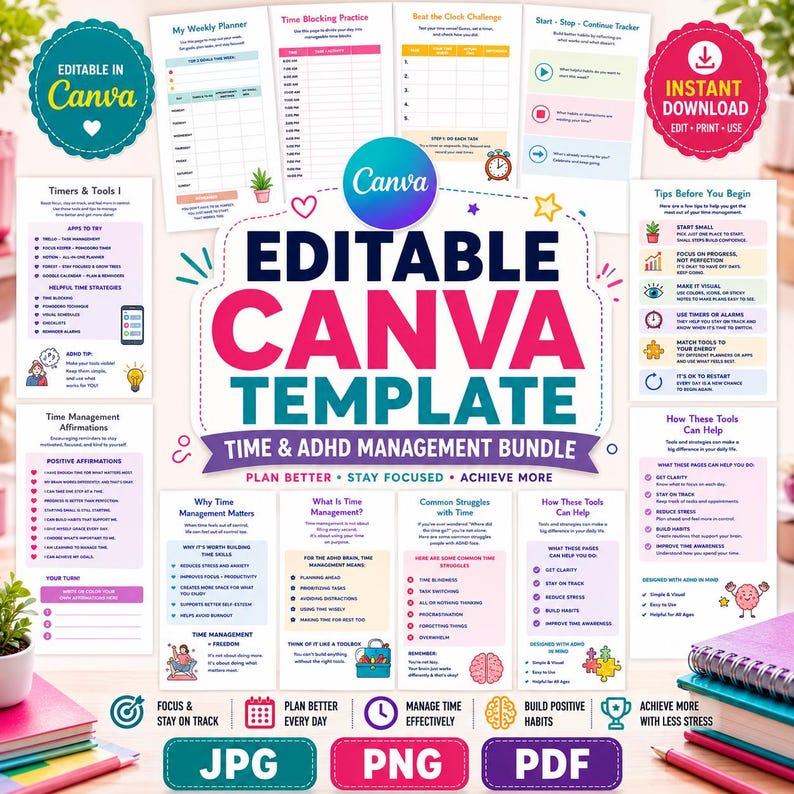 May include: A digital time and ADHD management bundle featuring multiple editable Canva templates. The layout includes sections for weekly planning, time blocking, habit tracking, and time management tips with colorful icons and text.