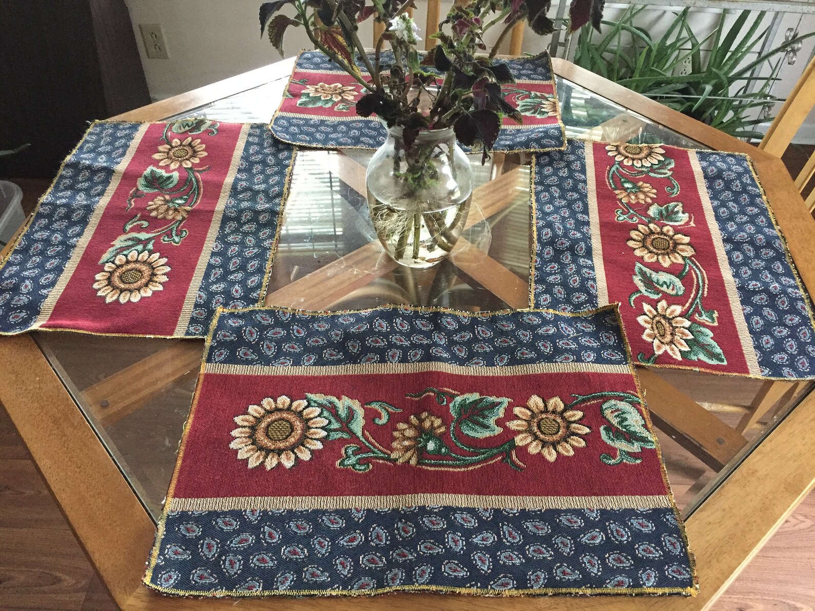 Tapestry placemats set of 4 sunflowers on red stripe fall Etsy