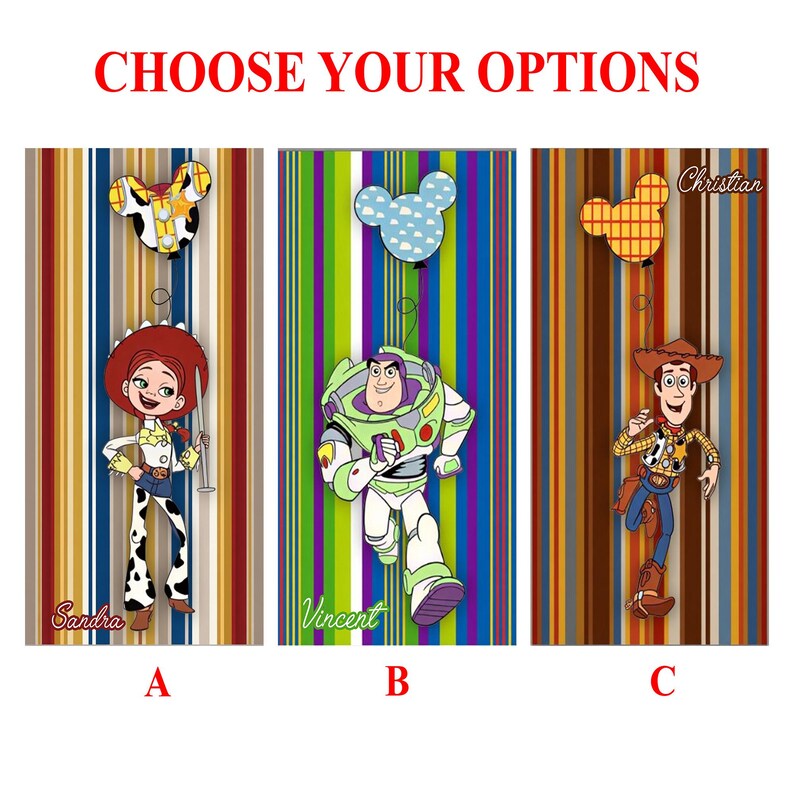 Puede incluir: Tres paneles verticales con fondos a rayas coloridos, cada uno con un personaje diferente de Toy Story. Los personajes son Jessie, Buzz Lightyear y Woody. Cada panel tiene un globo con forma de Mickey Mouse en la parte superior y un nombre en la parte inferior. El texto "CHOOSE YOUR OPTIONS" est&aacute; en la parte superior.