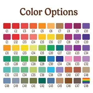 Peut inclure: Un nuancier avec le texte "Color Options" en marron. Le tableau affiche une grille de 50 &eacute;chantillons de couleurs, chacun &eacute;tiquet&eacute; avec un code comme "C1" ou "C25". Les couleurs vont des rouges et oranges aux verts, bleus et violets.