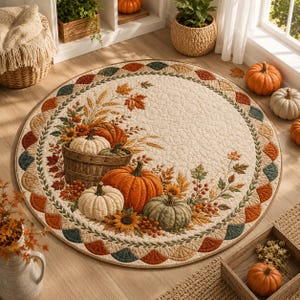 May include: A round quilted rug featuring a central design of pumpkins in a wooden basket, surrounded by autumn leaves, wheat stalks, and sunflowers. The border consists of a scalloped pattern in shades of orange, green, and cream.