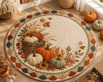 Fall Pumpkin Round Quilted Rug, Autumn Harvest Area Rug, Farmhouse Pumpkin Decor, Thanksgiving Rug, Cozy Fall Home Decor