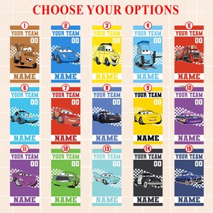 May include: A collection of vibrant rectangular designs showcasing cartoon cars in various colours. Each design includes the text "YOUR TEAM" and "NAME", with "CHOOSE YOUR OPTIONS" displayed at the top. The designs are suitable for personalization.