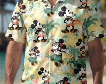 Camisa hawaiana retro de Mickey y Minnie de Disney, camisa hawaiana de palmeras de Mickey Mouse, viaje familiar a Disney, camisa playera de Mickey y ukelele