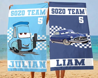 Personalized Cars Beach Towel, Custom Name Lightning McQueen Mater Towel, Kids Summer Vacation Pool Towel