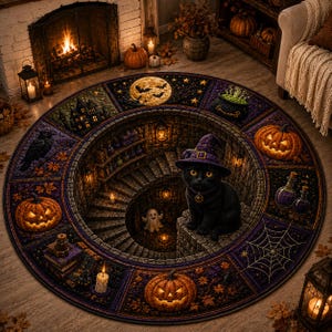 May include: A round area rug featuring a 3D-style spiral staircase design with a black cat wearing a purple witch hat. The border displays Halloween motifs including jack-o'-lanterns, a haunted house, a cauldron, a spider web, and a ghost.