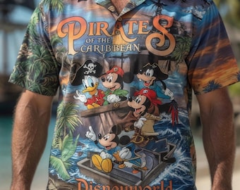 Vintage Pirates of the Caribbean Hawaiian Shirt, Disneyworld Pirate Button Down, Mickey Caribbean Tropical Shirt, Disney Trip Gift