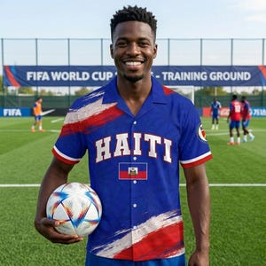 May include: A short-sleeved button-down shirt in blue, featuring the word HAITI in white block letters, the Haitian flag, and red and white brushstroke patterns. The shirt has a collar and white buttons, and is held with a white and blue soccer ball.