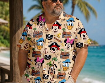 Retro Pirate Mickey Summer Shirt, Vintage Disney Cruise Hawaiian Shirt, Pirates of Caribbean Button Up, Family Vacation Outfits