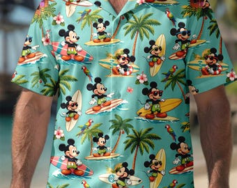 Camisa hawaiana de vacaciones familiares de Disney, ropa de playa retro de Mickey surfeando, camisa hawaiana tropical verde menta, camisa abotonada para fiestas de verano