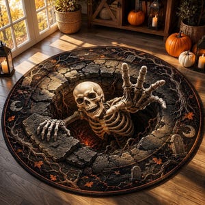 May include: A round area rug featuring a 3D optical illusion of a skeleton emerging from a dark, cracked stone pit. The design includes gravestones, bare tree branches, crescent moons, and orange autumn leaves on a dark, textured background.