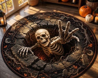 Halloween Round Quilted Rug, 3D Skeleton Illusion Rug, Spooky Graveyard Area Rug, Scary Halloween Decor, Skeleton Floor Mat, Home Decor