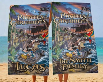 Vintage Pirates of the Caribbean Beach Towel, Disneyworld Pirate Ride Pool Towel, Mickey Mouse Caribbean Custom Towel, Disney Trip Gift