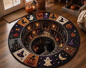 Halloween Round Quilted Rug, 3D Witch Dungeon Illusion Rug, Black Cat Halloween Rug, Spooky Witchy Floor Mat, Halloween Home Decor