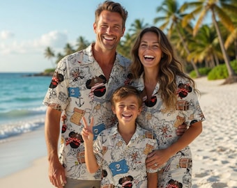 Chemise famille hawaïenne pirate Disney, chemise Mickey Pirate Night Cruise, vacances Disney 2026, tenues assorties pour les vacances en famille