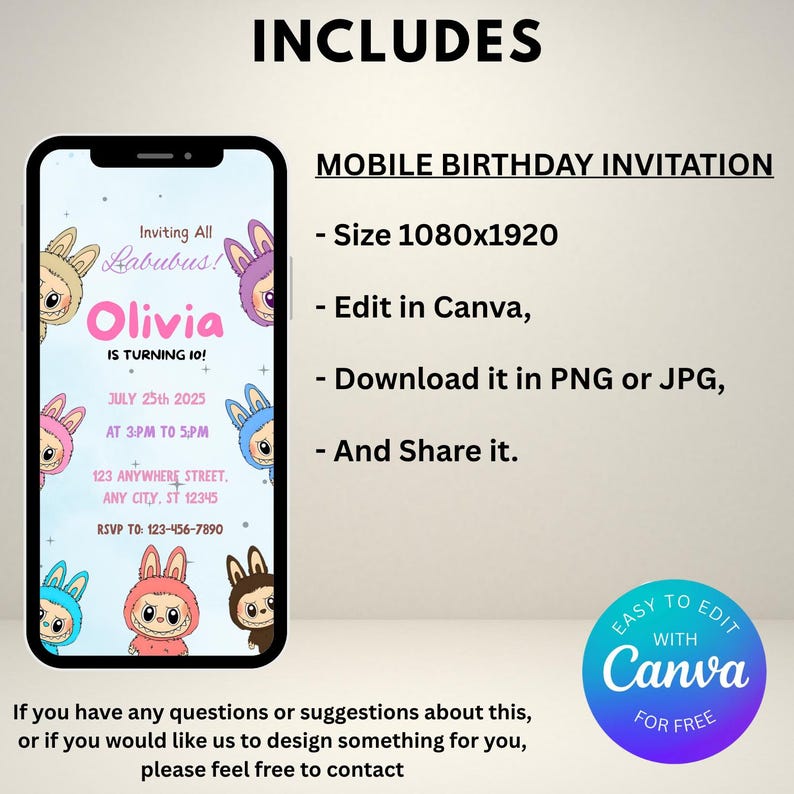 May include: A mobile birthday invitation displayed on a smartphone screen. The invitation features the text "Inviting All Labubus! Olivia is turning 10!" with event details. The design includes colorful cartoon characters and the Canva logo.