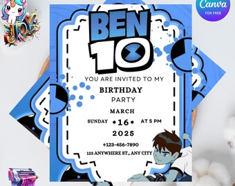 Ben 10 Birthday Invitation: Editable Blue Kids Party Invite (Digital Download)