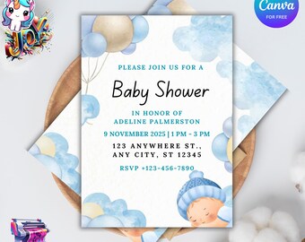 Blue & White Baby Shower Invitation | Editable Template (Digital Download)