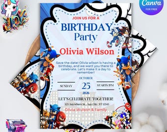 Olivia Cartoon Birthday Invitation: Blue & White Party, Editable Template (Digital Download)