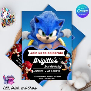 May include: Birthday invitation featuring a blue Sonic the Hedgehog character. The invitation reads "Join us to celebrate Brigitte's 2nd Birthday" with date, time, and RSVP information. The design includes a cartoon unicorn and a print icon.