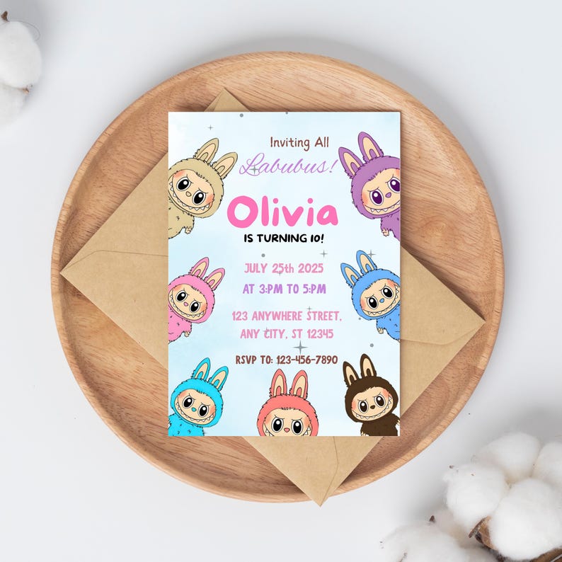 May include: A birthday invitation featuring the text "Inviting All Labubus! Olivia is turning 10!" surrounded by cartoon characters in various colors. The invitation is on a light blue background with event details and RSVP information.