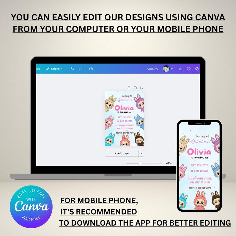May include: A laptop and smartphone display a birthday invitation design featuring cartoon characters. The invitation includes the text "Olivia is turning 10!" and details for the event. The image also includes the text "You can easily edit our designs using Canva".