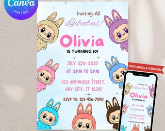 Labubu Birthday Invitation: Editable Digital Invite, Canva Template (Print & Mobile)