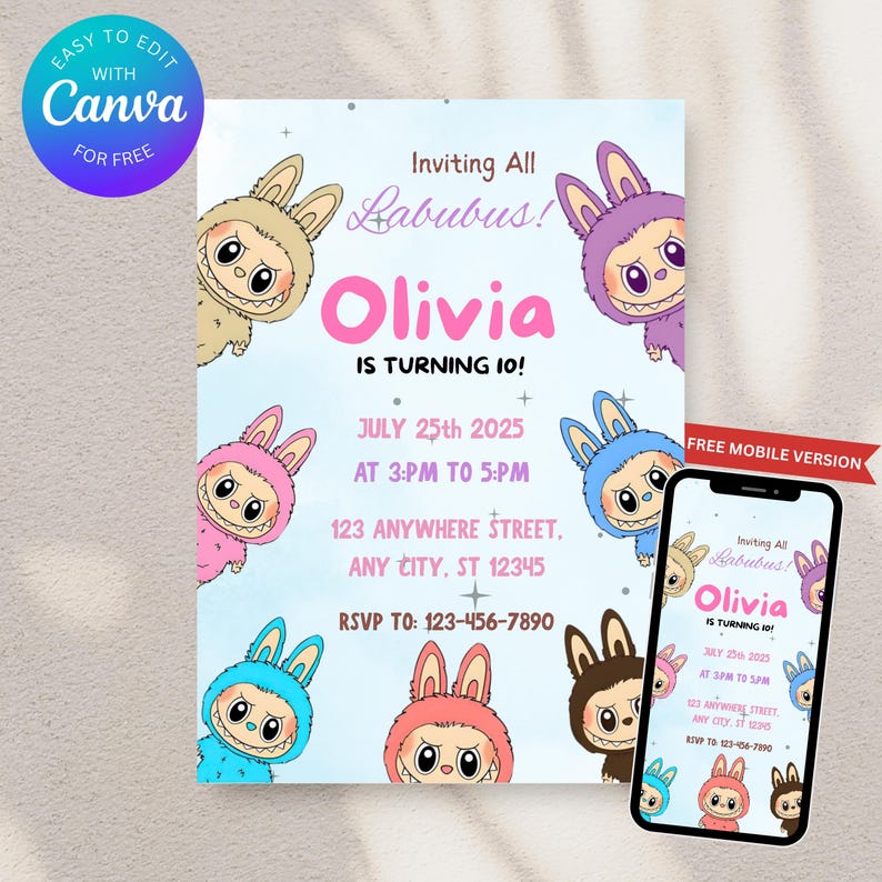 May include: A birthday party invitation featuring the text "Inviting All Labubus! Olivia is turning 10!" with event details. The design includes cartoon characters and a mobile phone displaying the invitation.