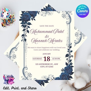 Purple Floral Wedding Invitation Editable Canva Template, Instant Download, DIY Printable, Easy to Edit, Elegant Card for Joyful Celebration