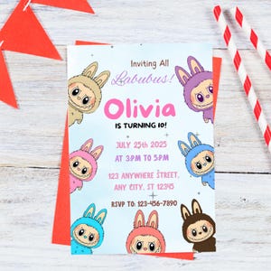May include: A birthday party invitation with the text "Inviting All Labubus!" and "Olivia IS TURNING 10!" The invitation features cartoon characters in various colors. The date and time of the party are also included.