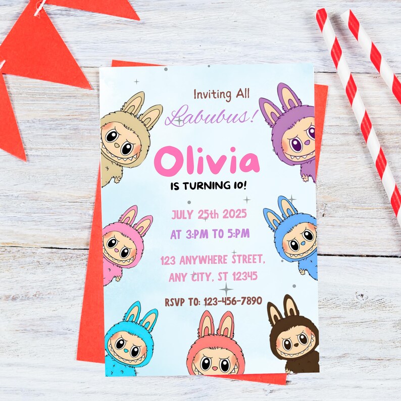 May include: A birthday party invitation with the text "Inviting All Labubus!" and "Olivia IS TURNING 10!" The invitation features cartoon characters in various colors. The date and time of the party are also included.