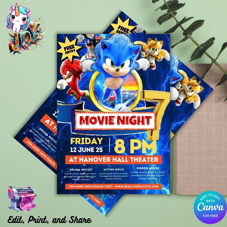 Sonic Movie Night Invitation: Kids Party Flyer, Editable Template ...