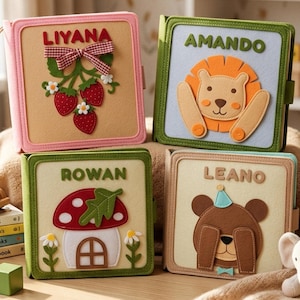 Libro sensoriale in feltro personalizzato, libro attività Montessori con nome personalizzato, giocattolo sensoriale per neonati, regalo per il primo compleanno, giocattolo da viaggio per bambini piccoli