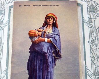 1920s Vintage Colour  Postcard Tunisian Bedouin Lady Nursing  in Local Costume