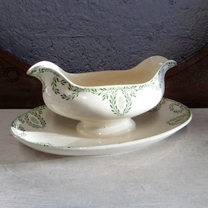 Antique Français Green Transferware Sauce Boat, Gravy Boat, Sauciere, White Ironstone image 1