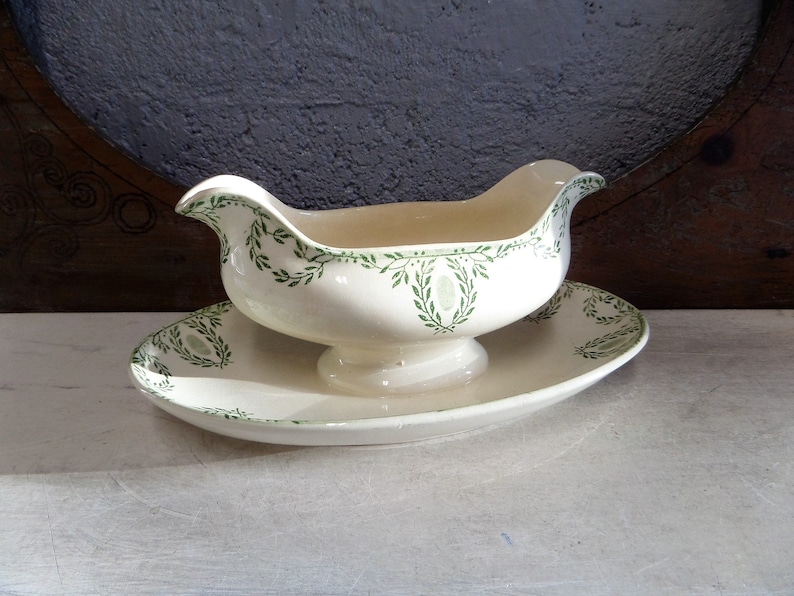 Antique Français Green Transferware Sauce Boat, Gravy Boat, Sauciere, White Ironstone image 1