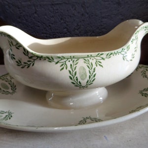 Antique Français Green Transferware Sauce Boat, Gravy Boat, Sauciere, White Ironstone image 4