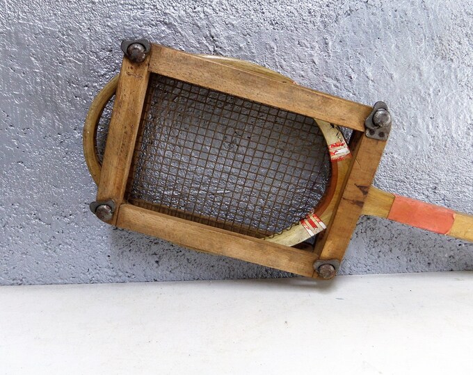 Vintage Tennis Racket with sprung wooden racket press 1950s.