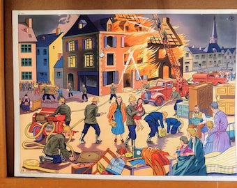 Large French Vintage School Poster 1960s ,  Christmas Gifts & Building in Fire