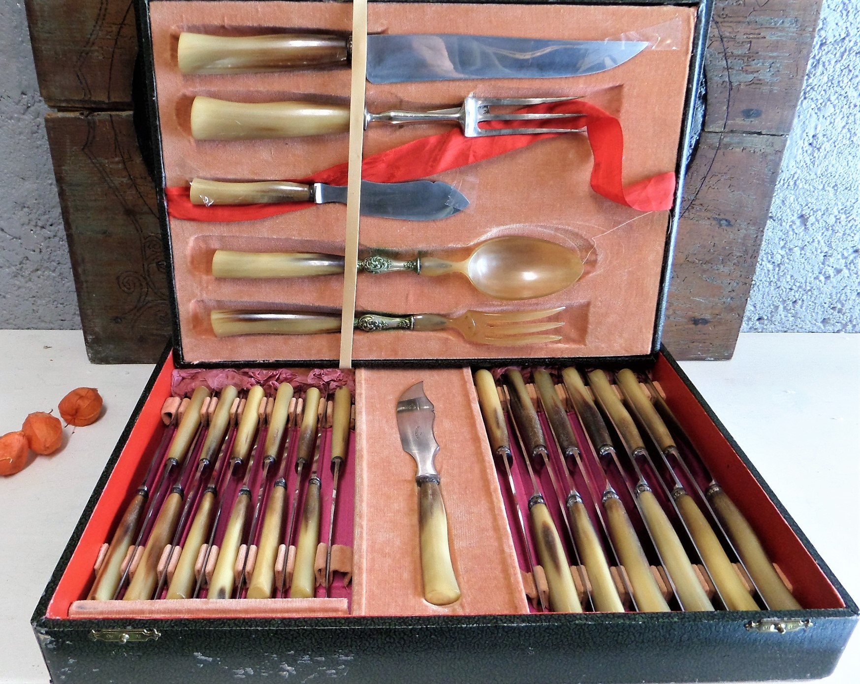 Français Vintage Coffret Inox 30 Pièces , Ensemble de Sculpture, Serveur Salade, Couteaux Silver Fer